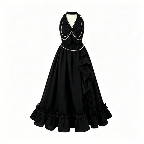 Black Pearl Halter Ruffle Ball Gown