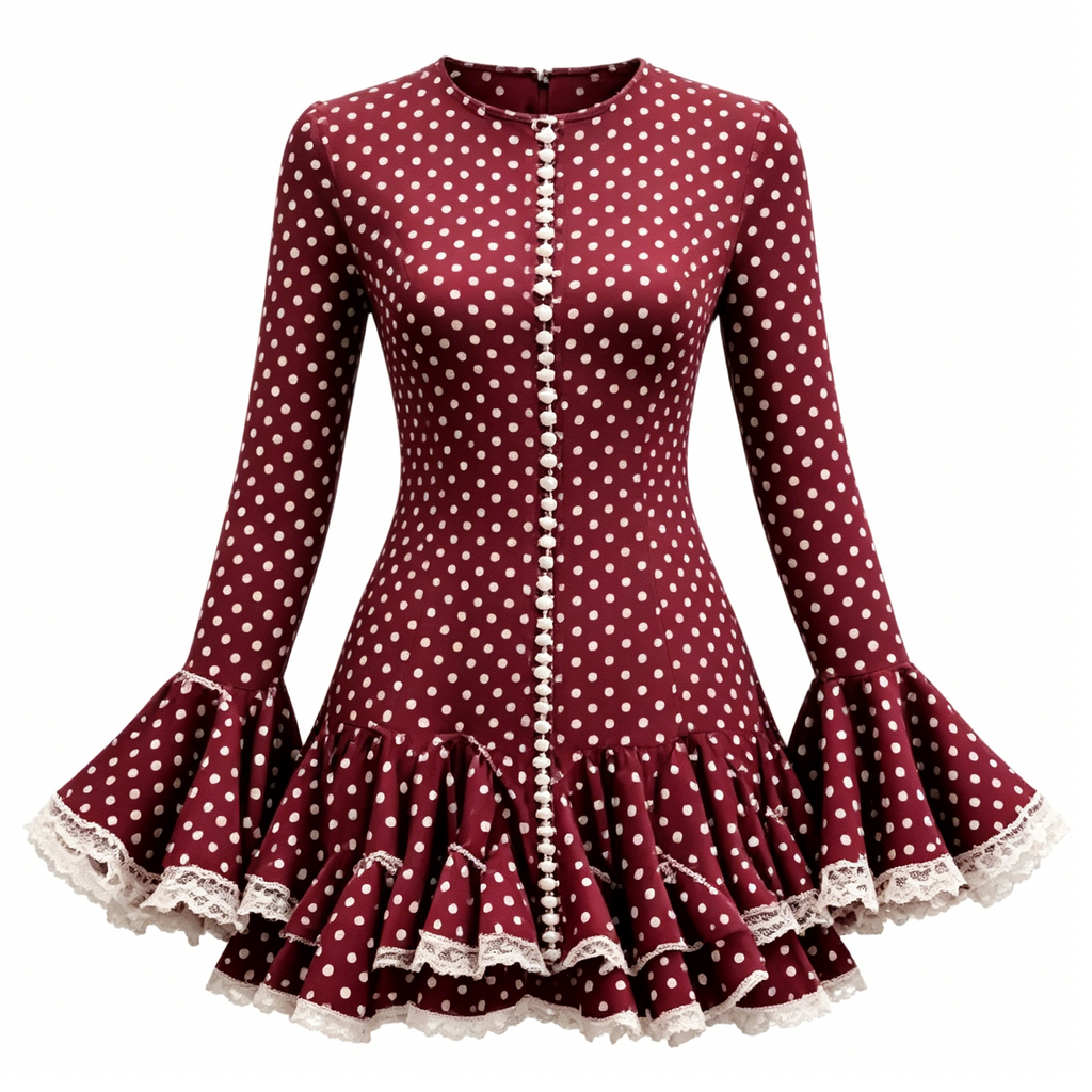 Burgundy Polka Dot Flare Sleeve Mini Dress