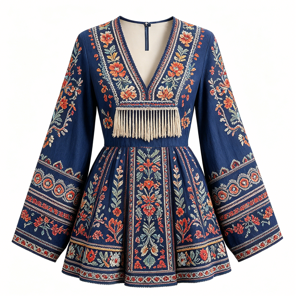 Blue Floral Embroidered Fringe Mini Dress