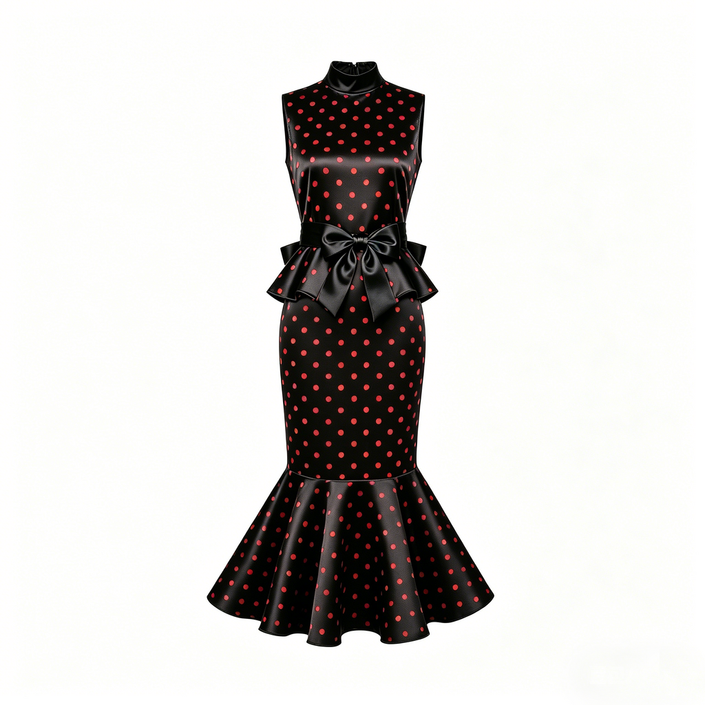 Black Red Polka Dot Satin Mermaid Dress