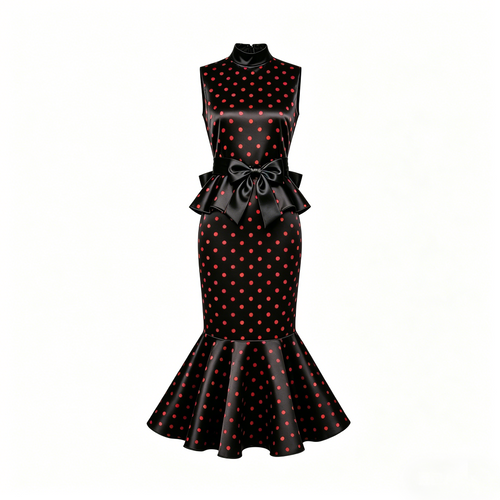 Black Red Polka Dot Satin Mermaid Dress