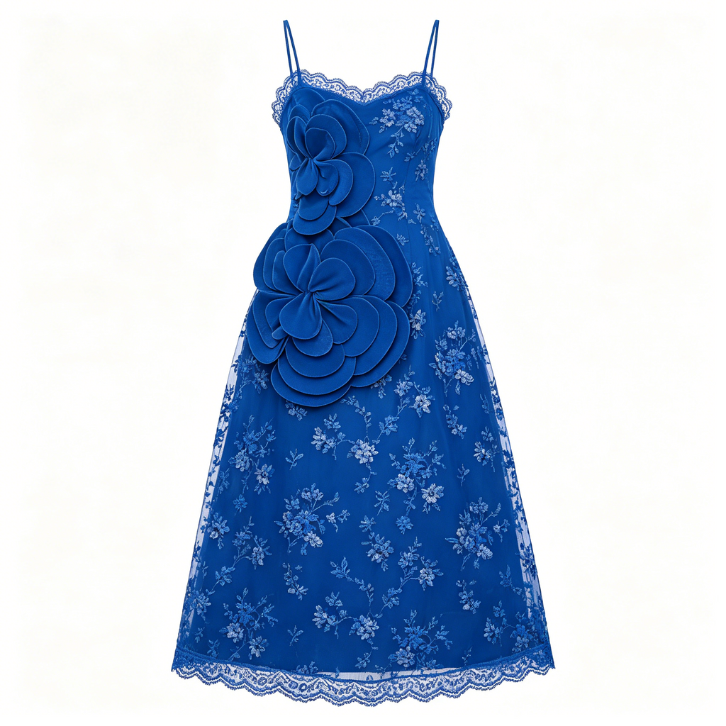 Blue 3D Floral Lace Midi Dress