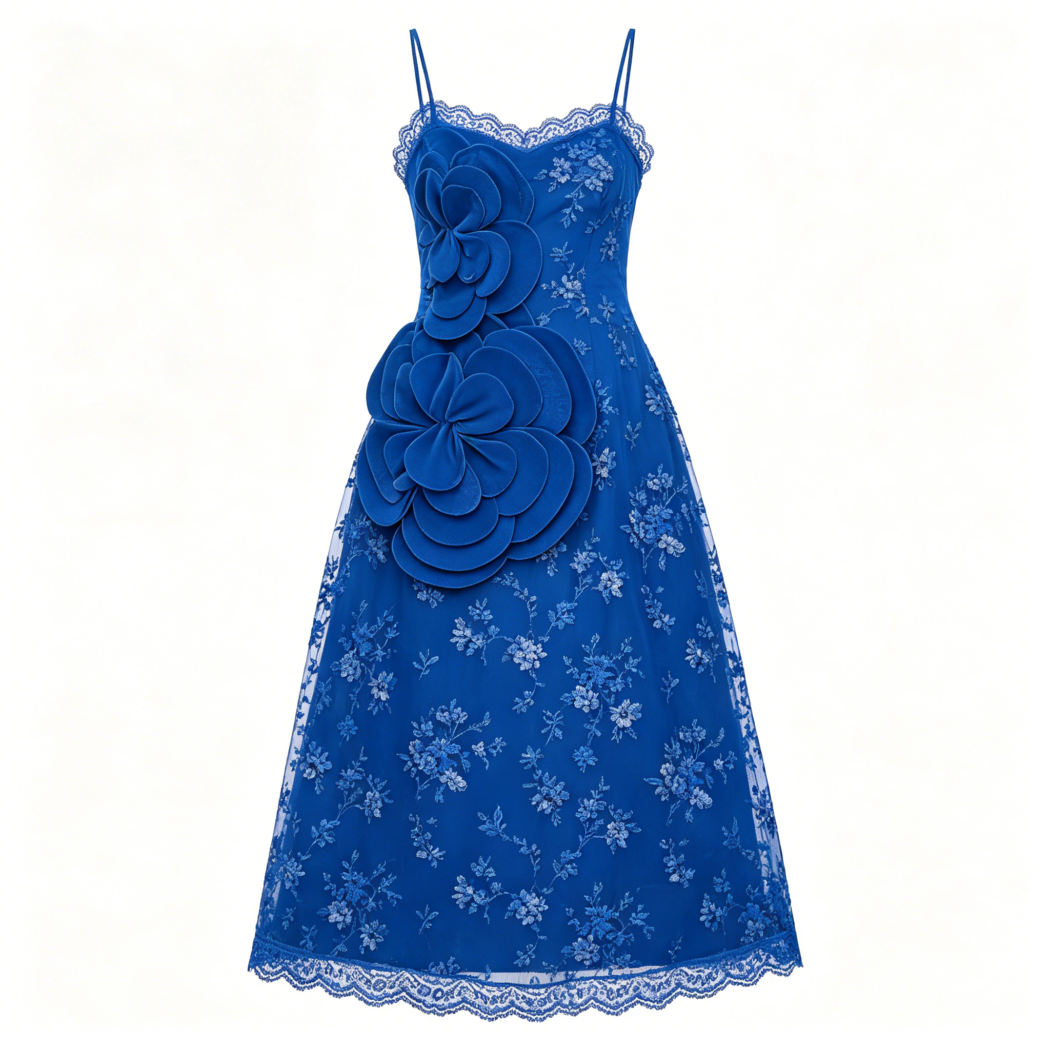 Blue 3D Floral Lace Midi Dress