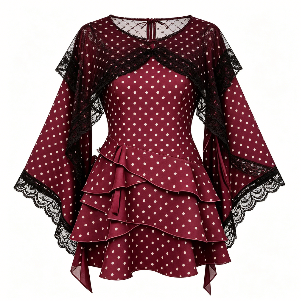 Burgundy Polka Dot Lace Cape Mini Dress