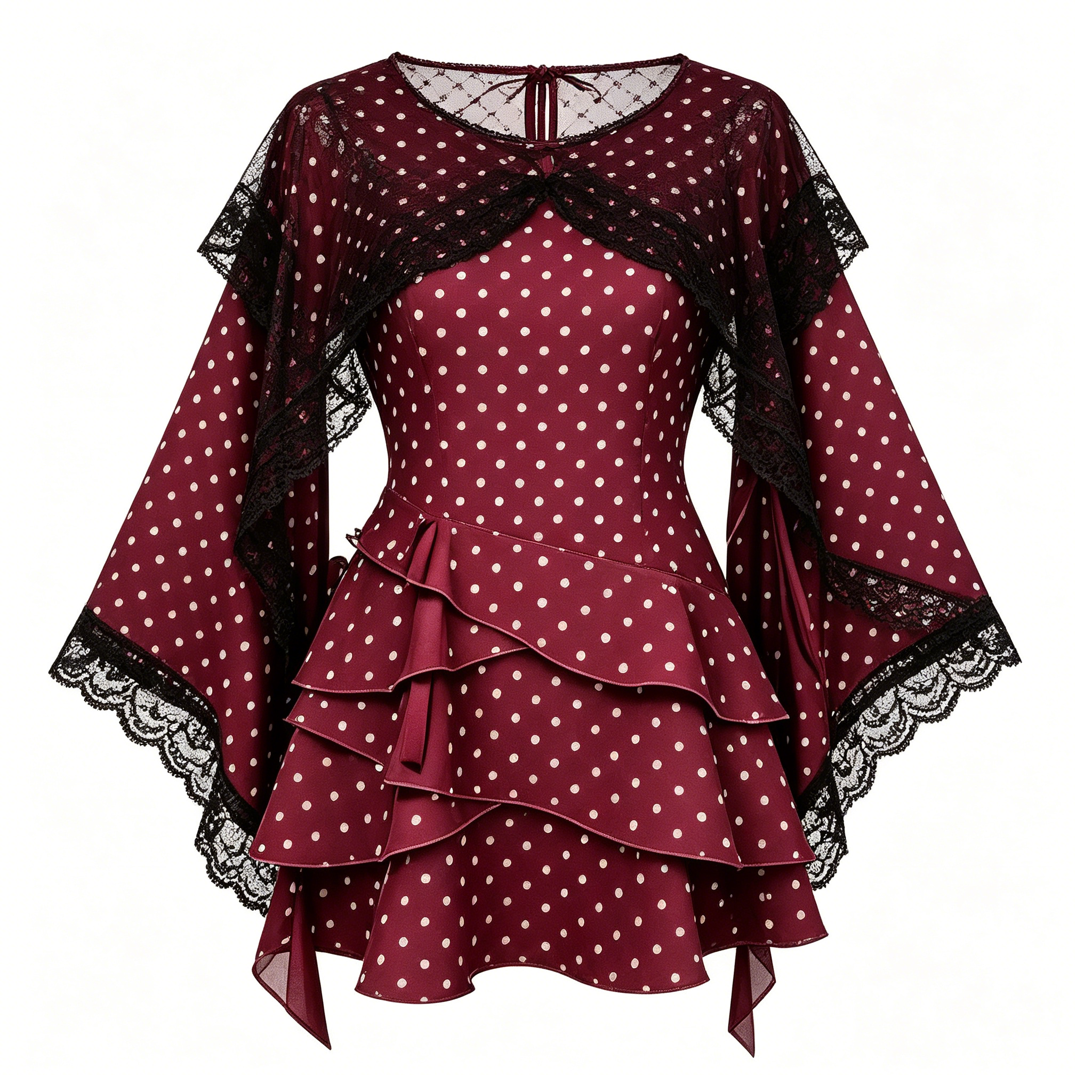 Burgundy Polka Dot Lace Cape Mini Dress