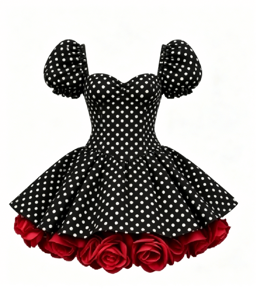 Black White Polka Dot Puff Sleeve Mini Dress