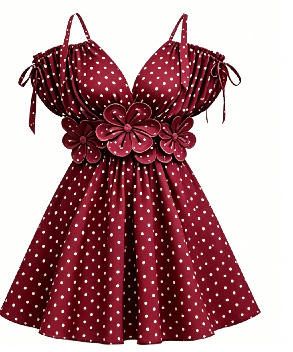 Burgundy Polka Dot Floral Cami Dress