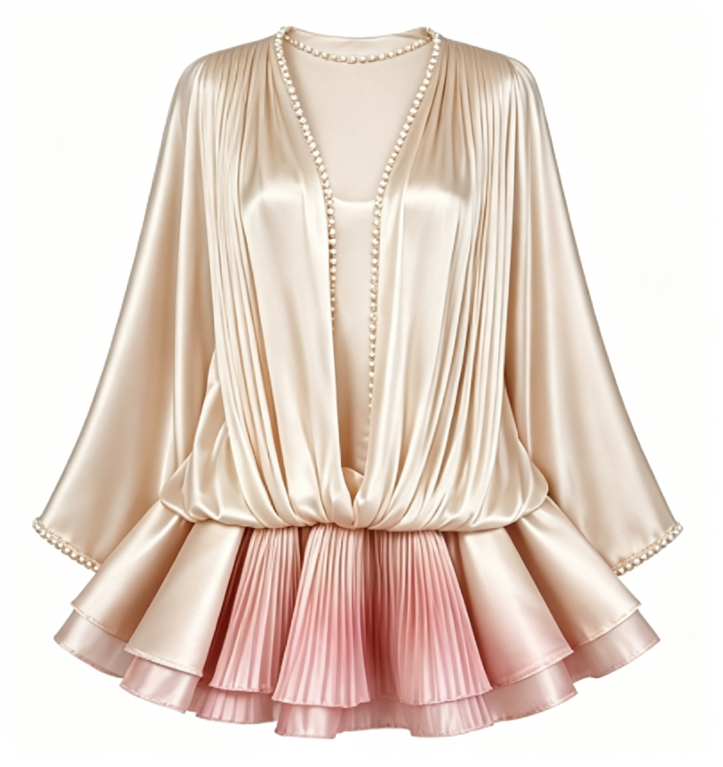 Champagne Pearl Trim Satin Blouse