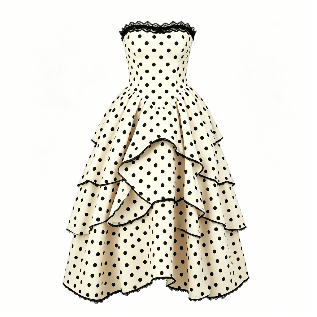 Black White Polka Dot Lace Tiered Dress