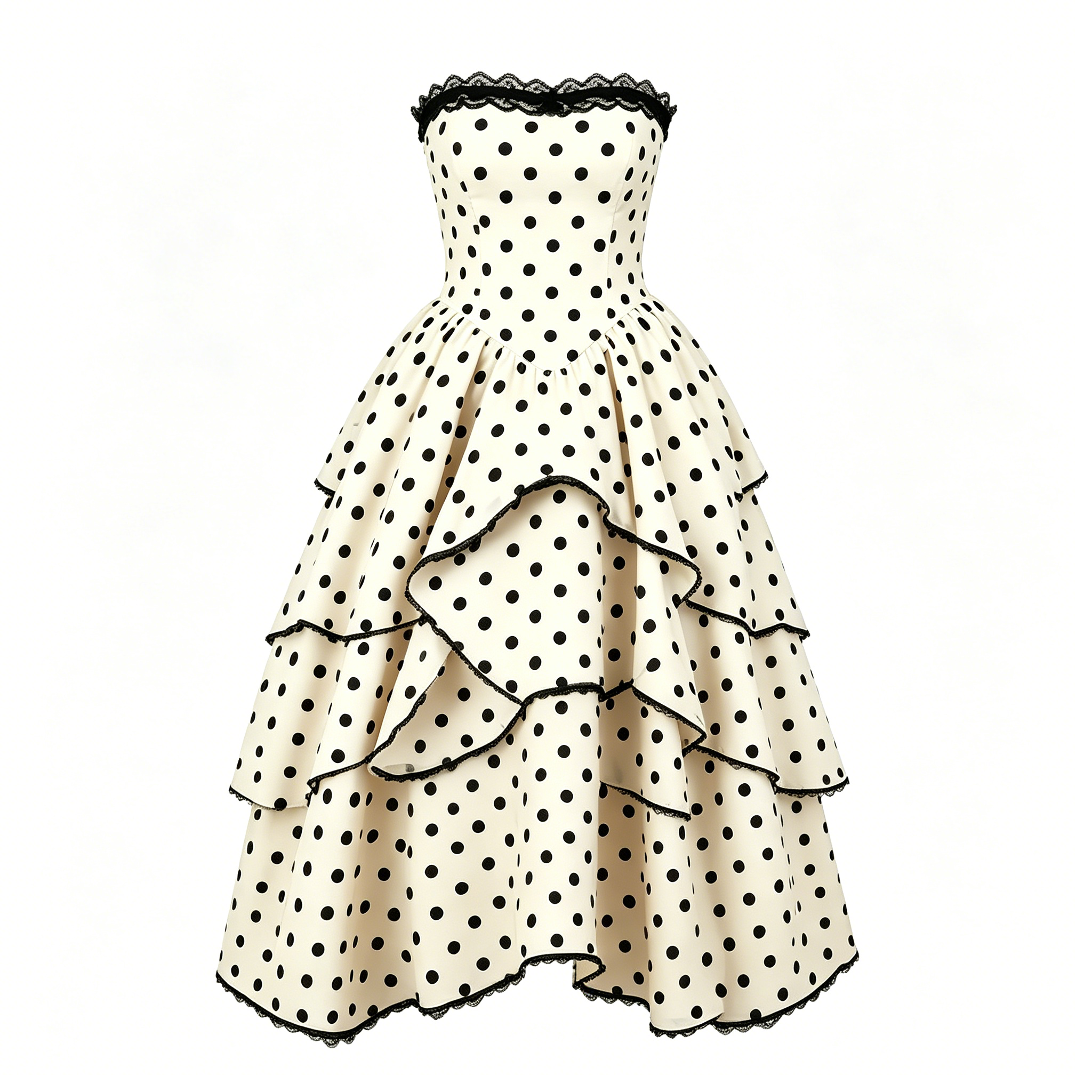 Black White Polka Dot Lace Tiered Dress