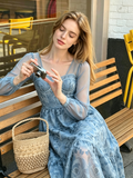 Sky Blue Rose Lace Long Sleeve Dress