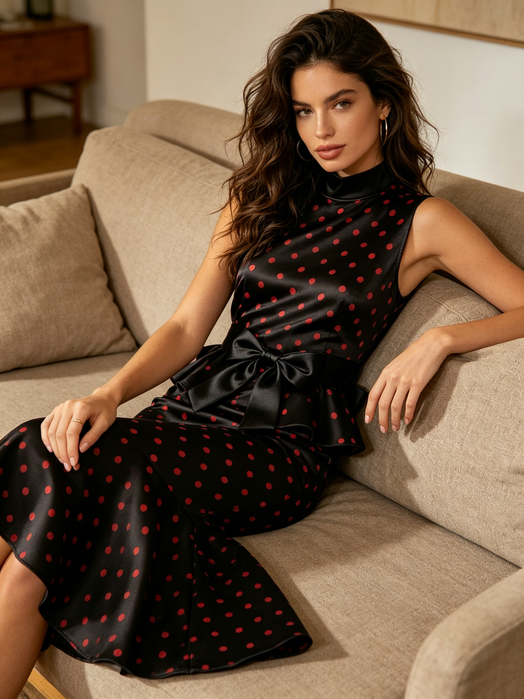 Black Red Polka Dot Satin Mermaid Dress