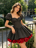 Black White Polka Dot Puff Sleeve Mini Dress