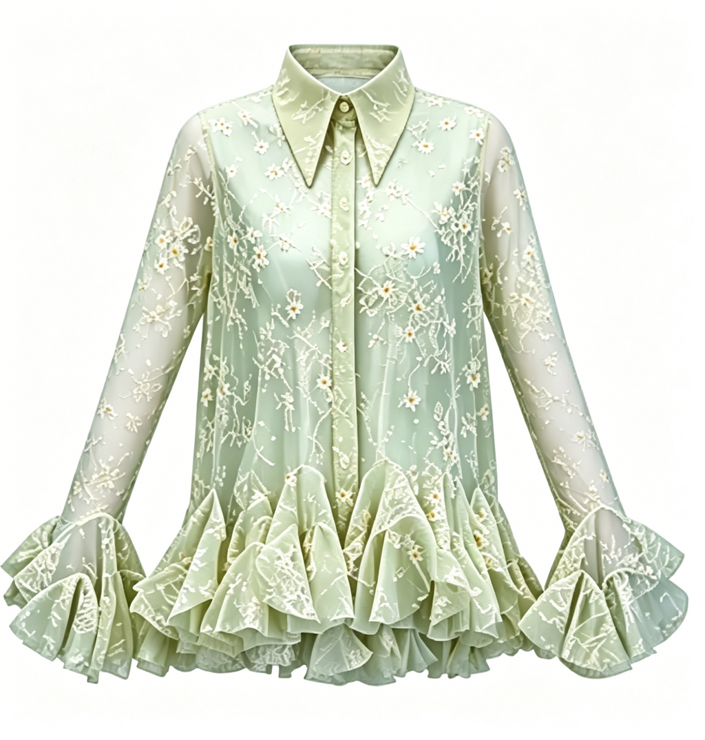 Green Floral Embroidered Sheer Blouse