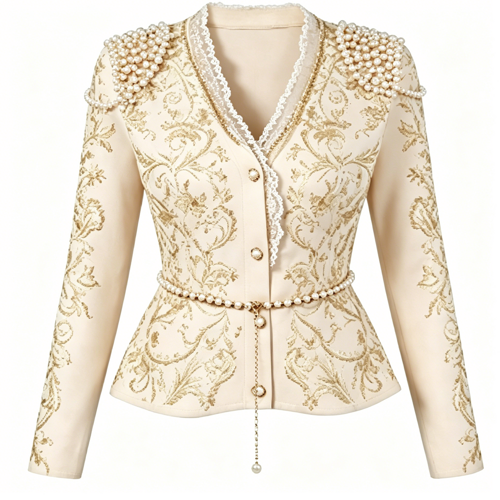 Cream Pearl Trim Embroidered Blazer