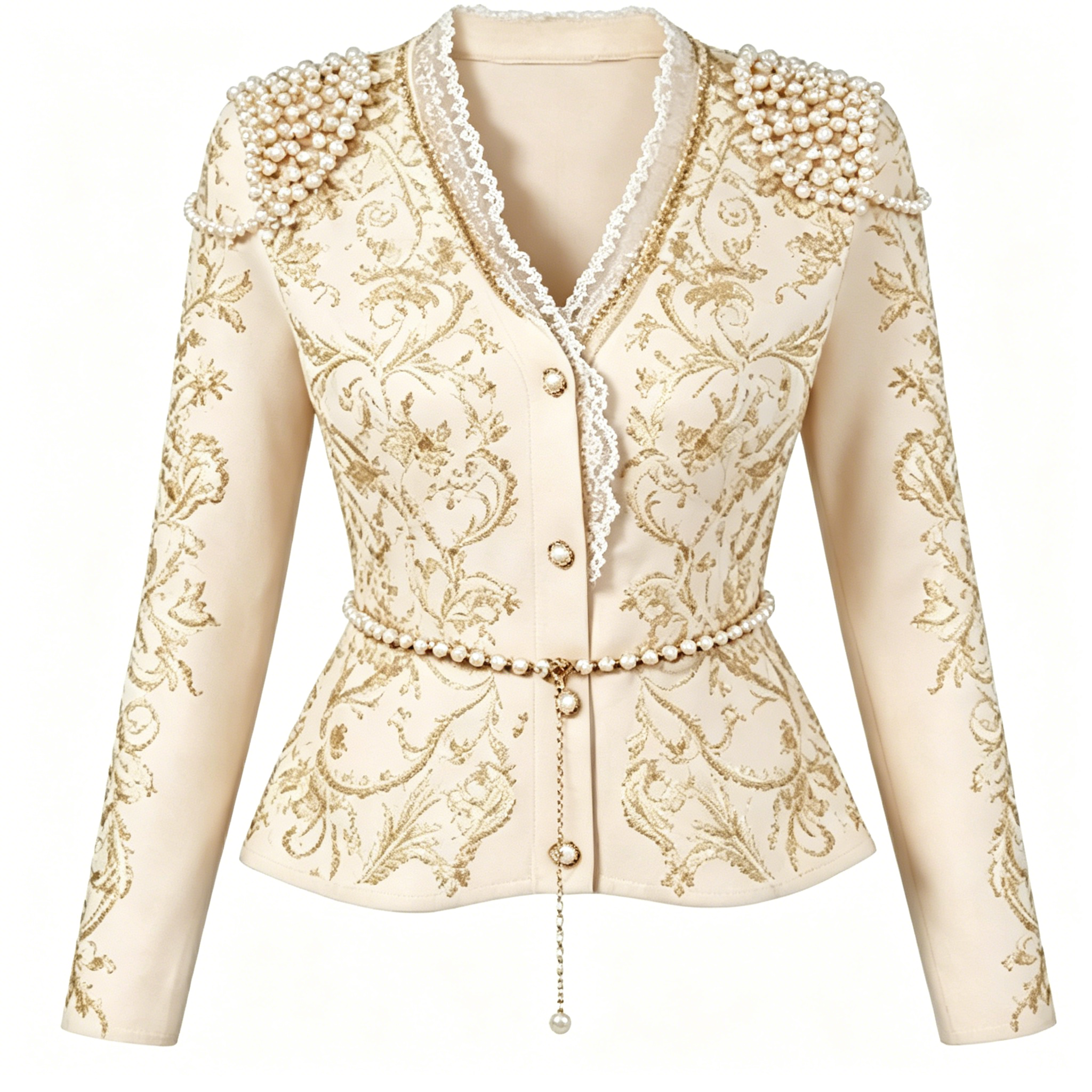 Cream Pearl Trim Embroidered Blazer