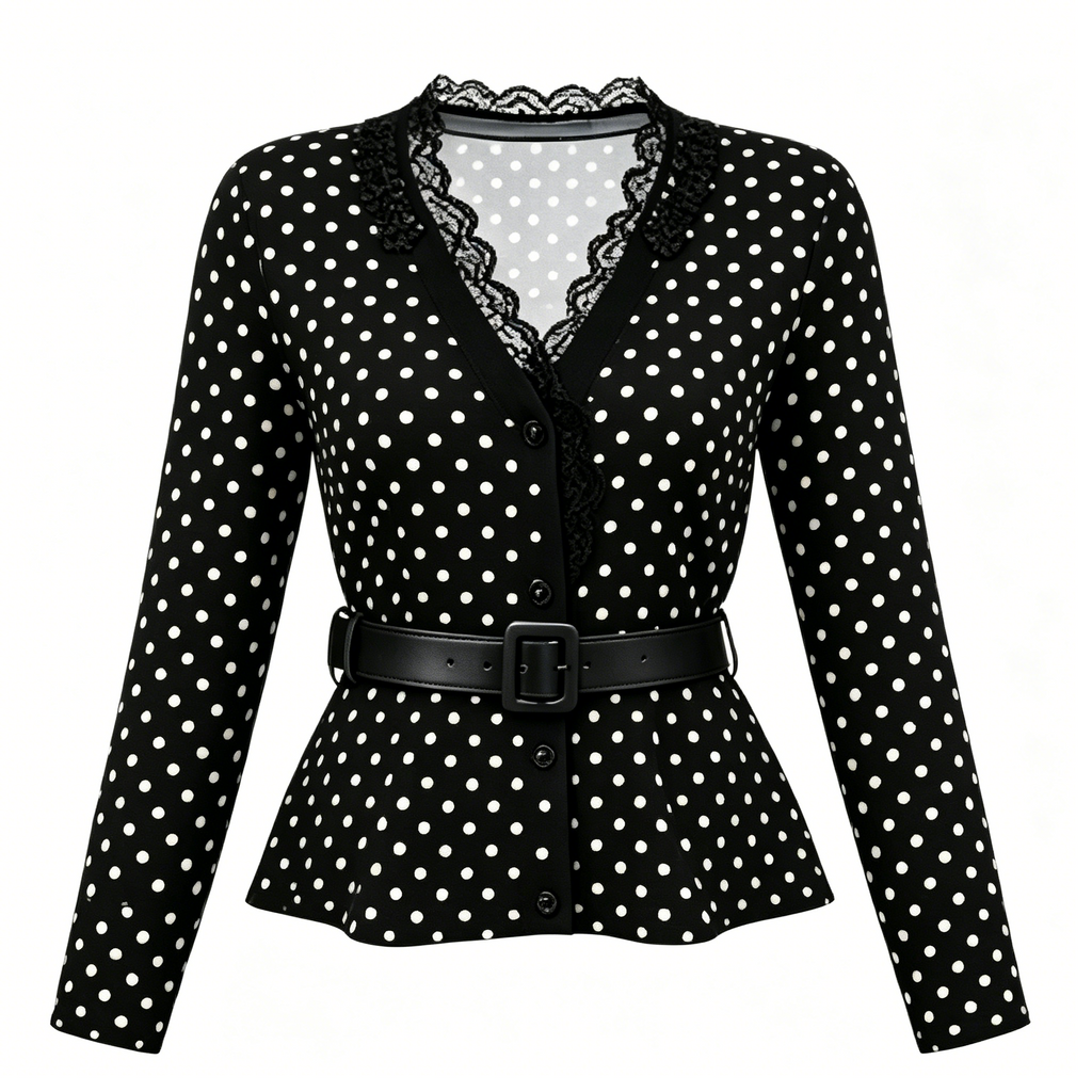 Black Polka Dot Lace Trim Peplum Top