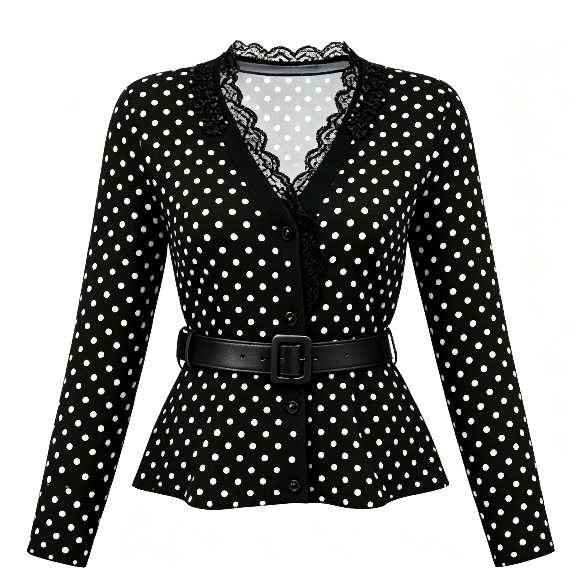 Black Polka Dot Lace Trim Peplum Top