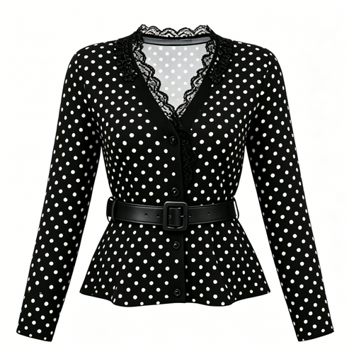 Black Polka Dot Lace Trim Peplum Top