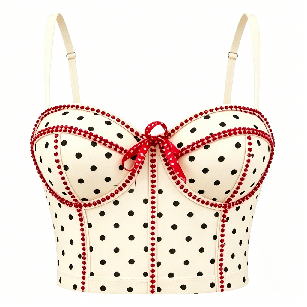 Cream Polka Dot Red Trim Corset Top
