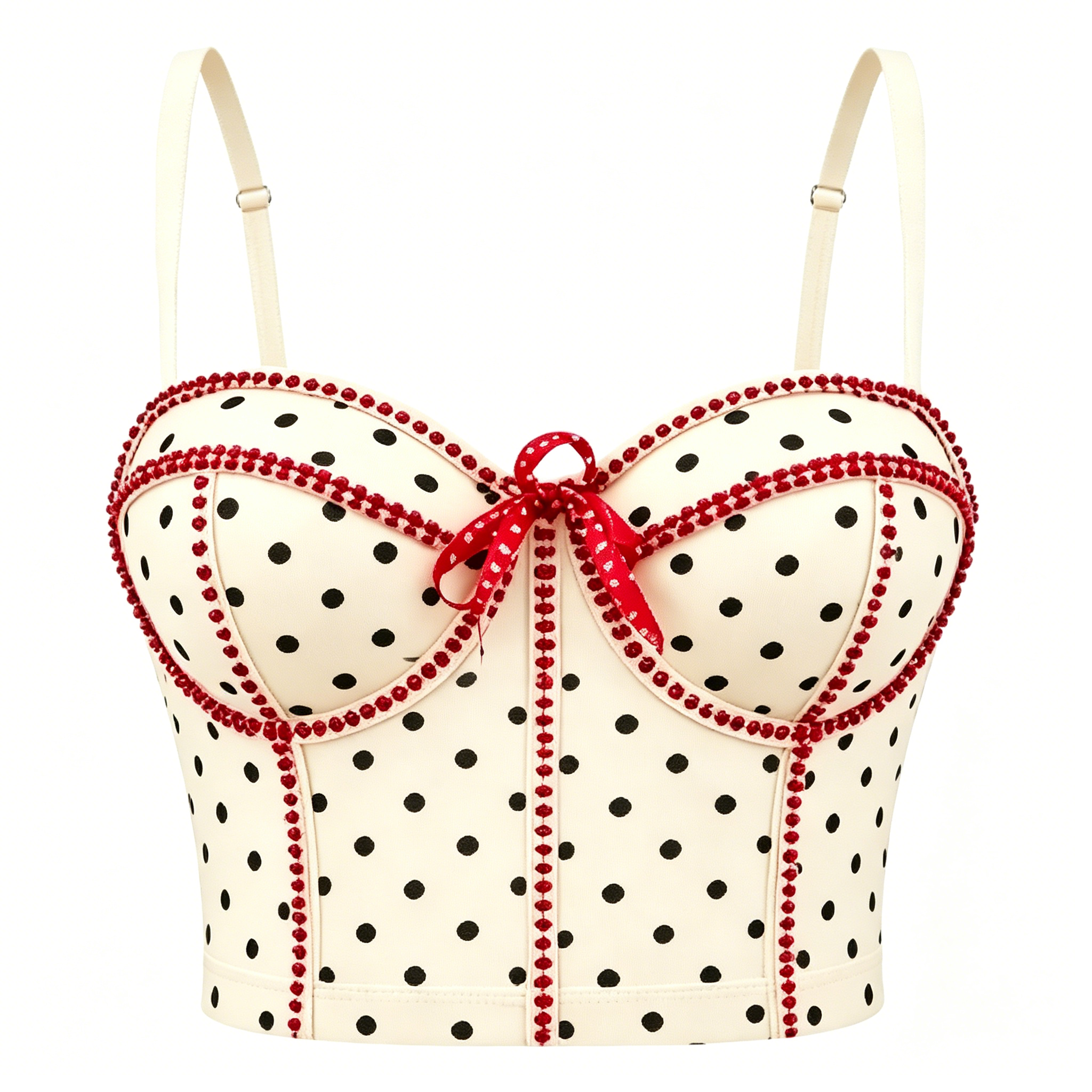 Cream Polka Dot Red Trim Corset Top