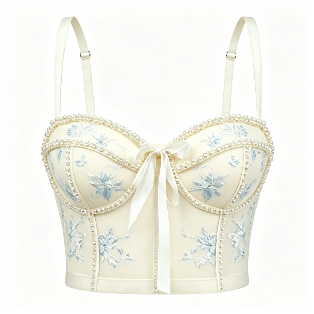 Cream Blue Embroidery Pearl Corset Top