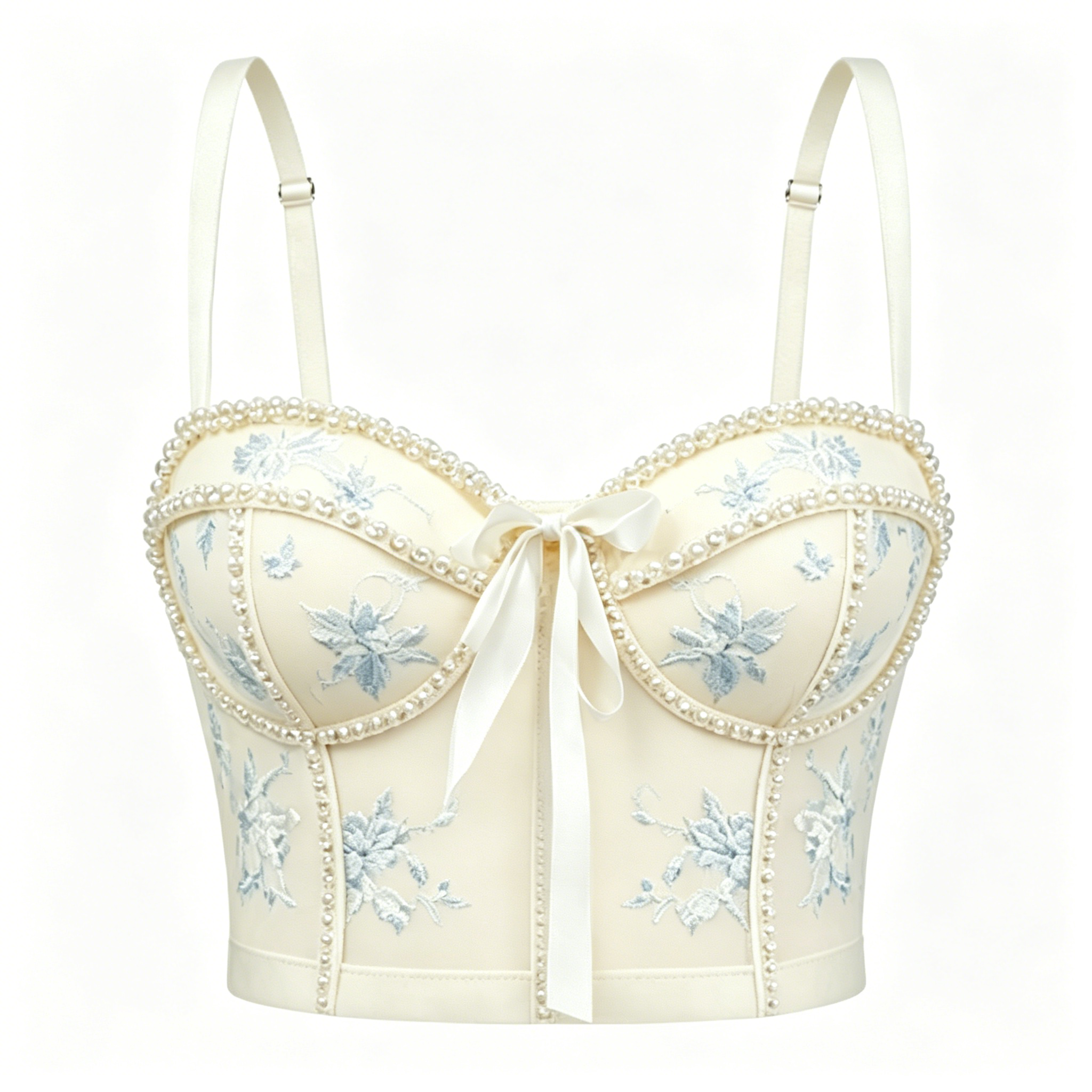 Cream Blue Embroidery Pearl Corset Top