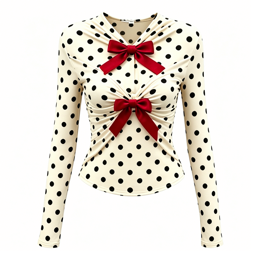 Cream Black Polka Dot Red Bow Top