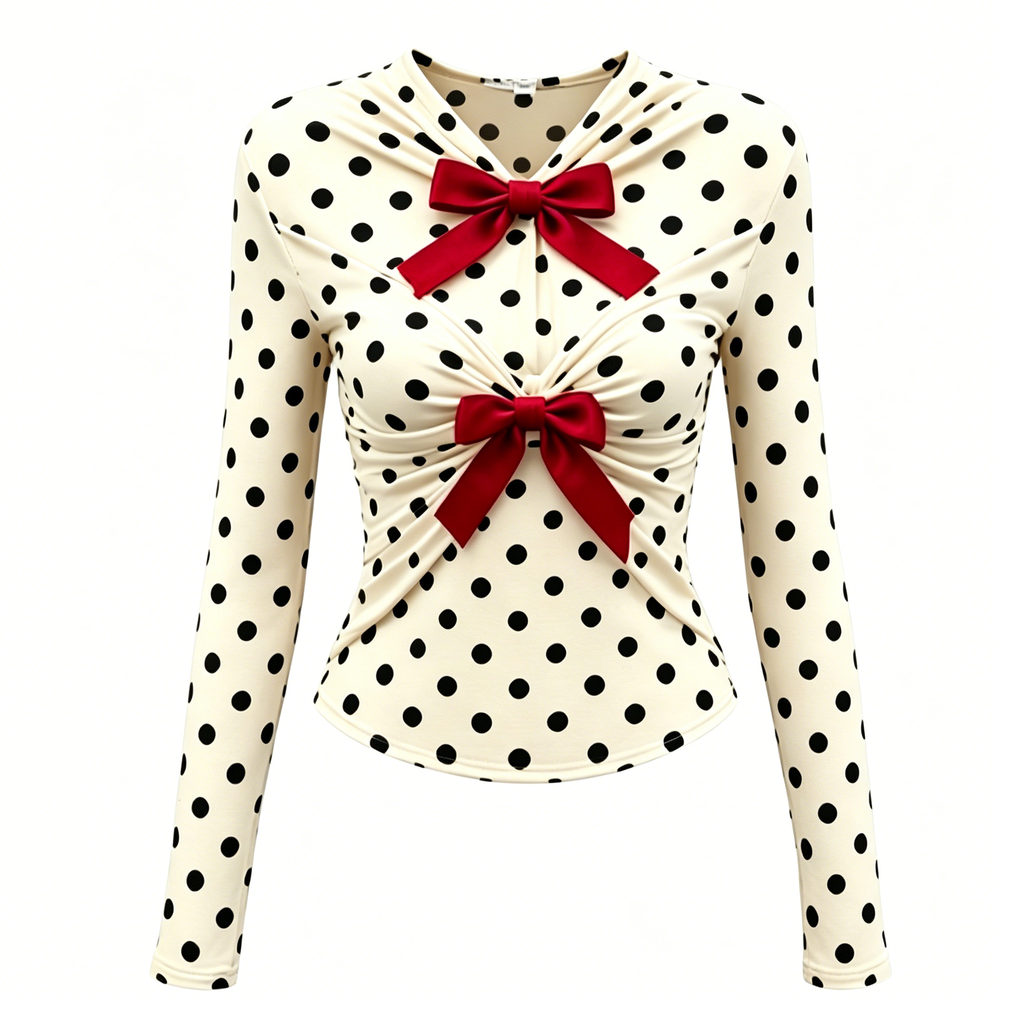 Cream Black Polka Dot Red Bow Top
