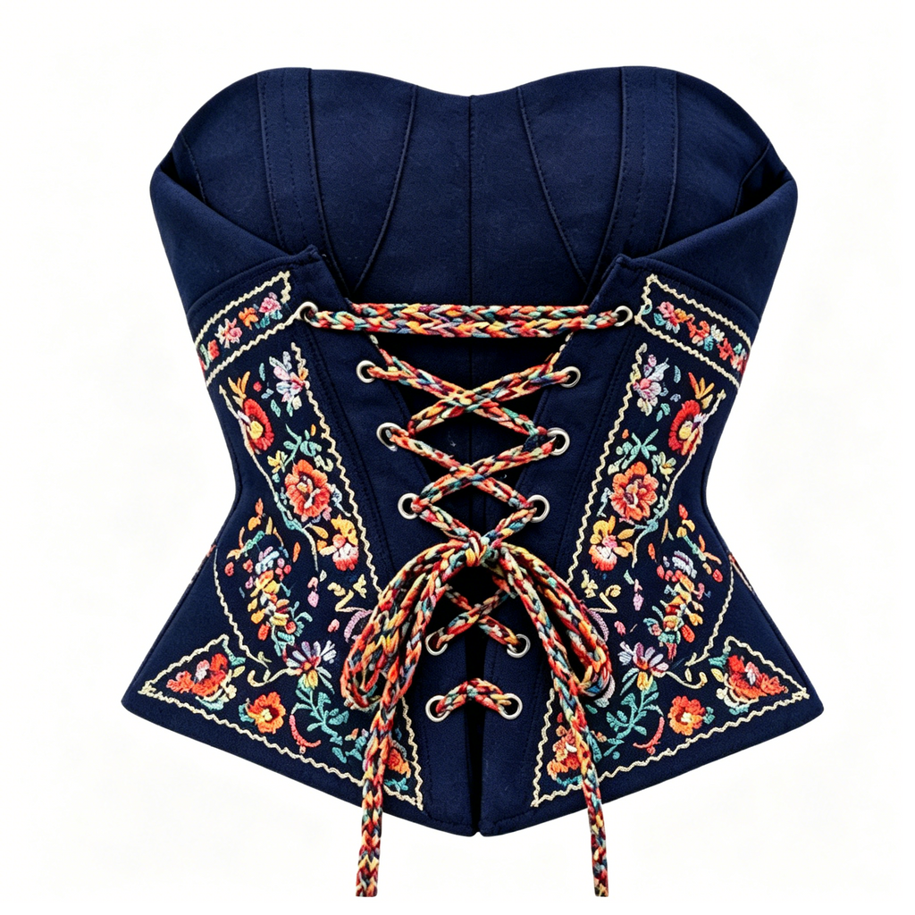 Navy Floral Embroidered Lace-Up Corset