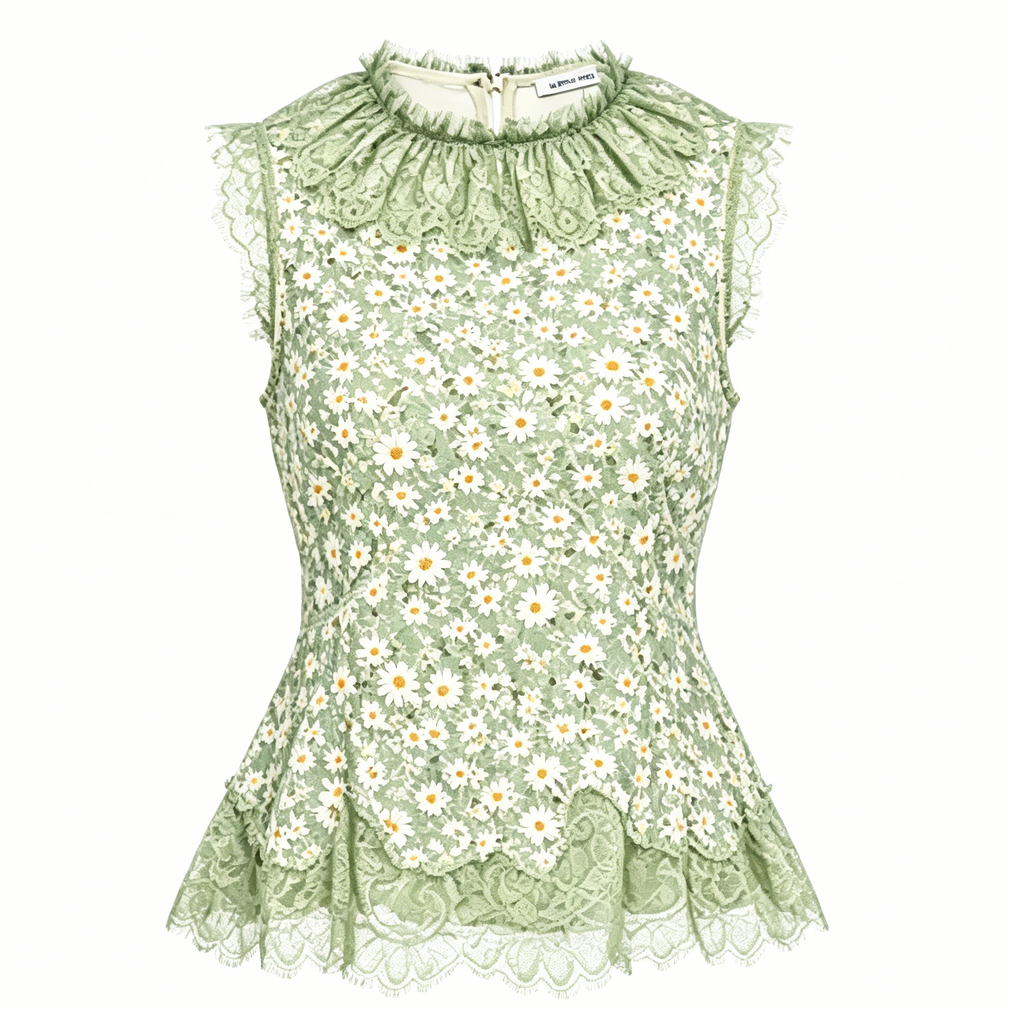 Green Daisy Print Lace Peplum Top