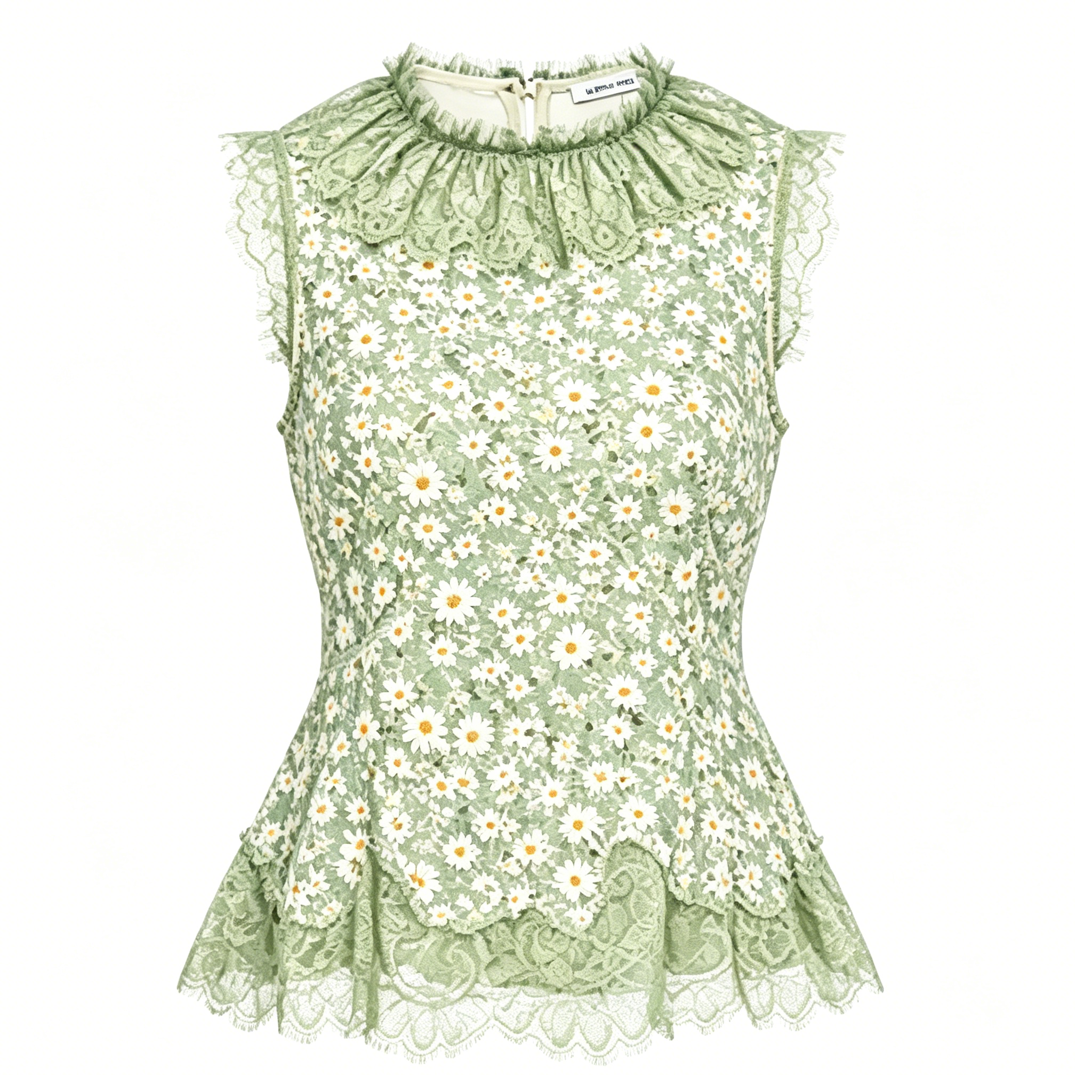 Green Daisy Print Lace Peplum Top