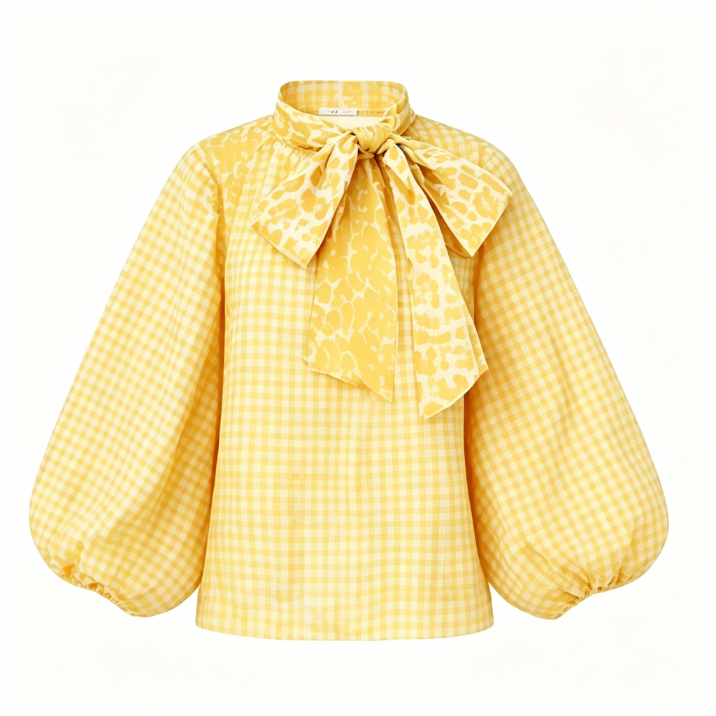 Yellow Gingham Leopard Print Bow Blouse