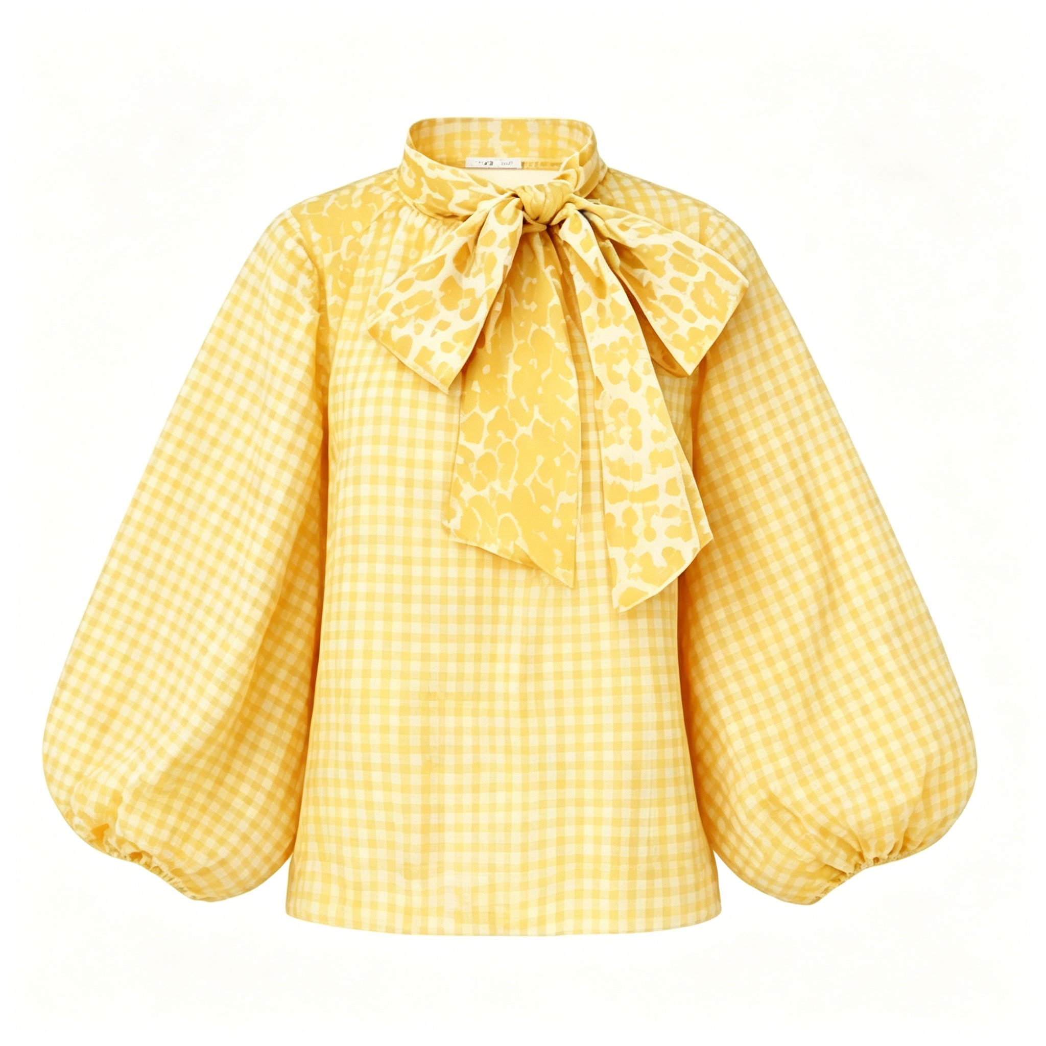 Yellow Gingham Leopard Print Bow Blouse