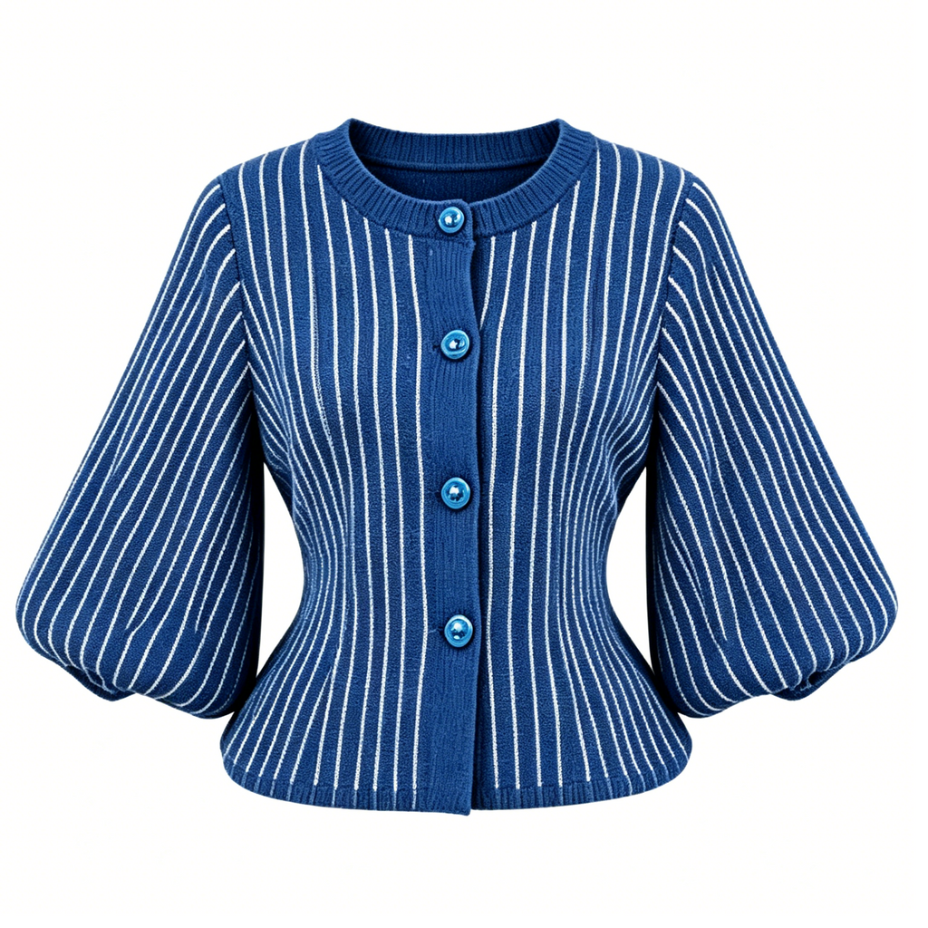 Blue White Striped Knit Cardigan