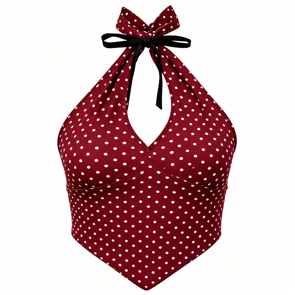 Burgundy White Polka Dot Halter Crop Top
