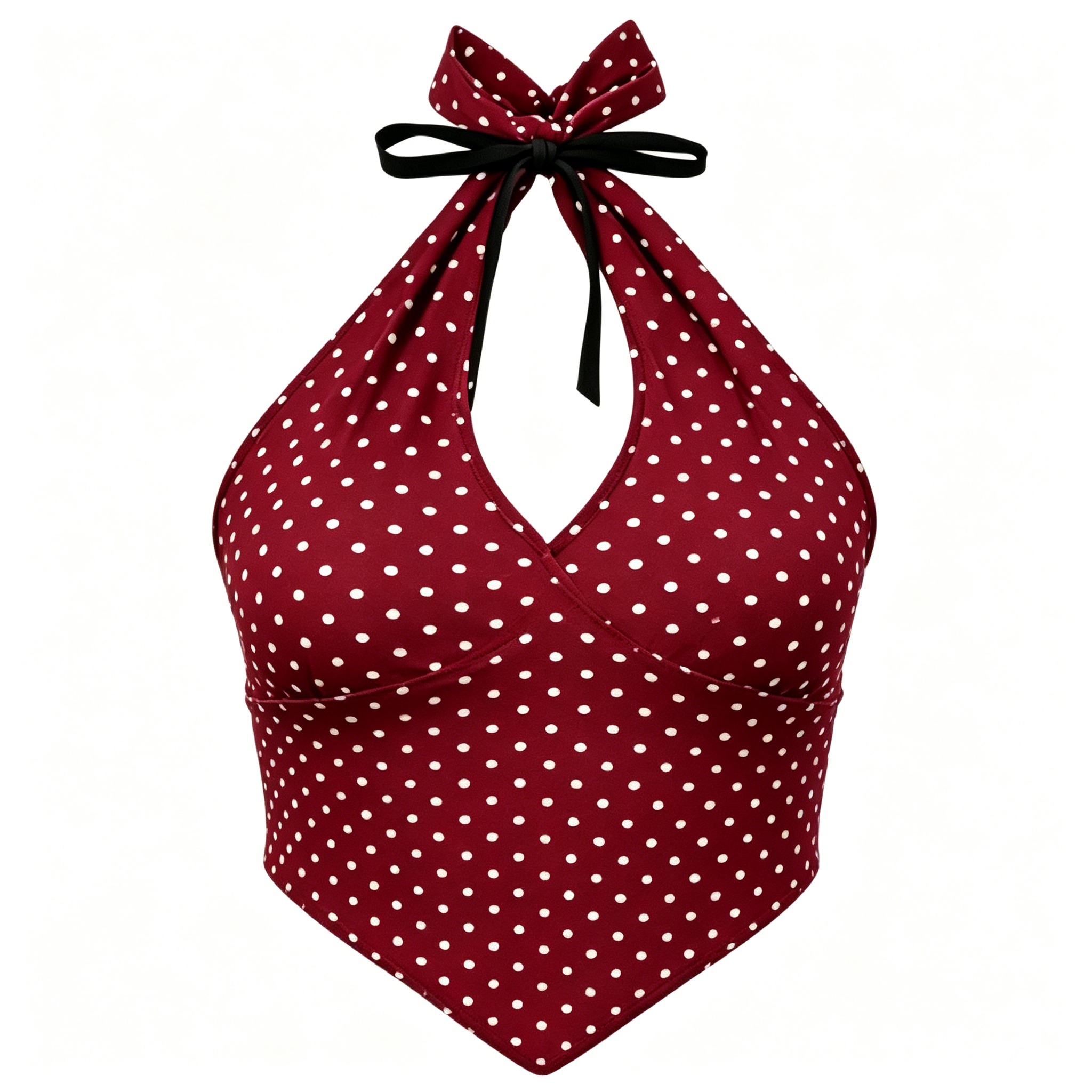 Burgundy White Polka Dot Halter Crop Top