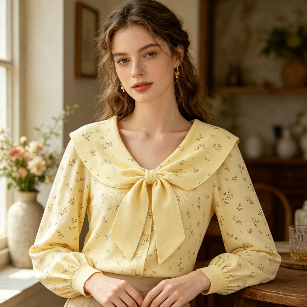 Yellow Floral Print Bow Knit Sweater