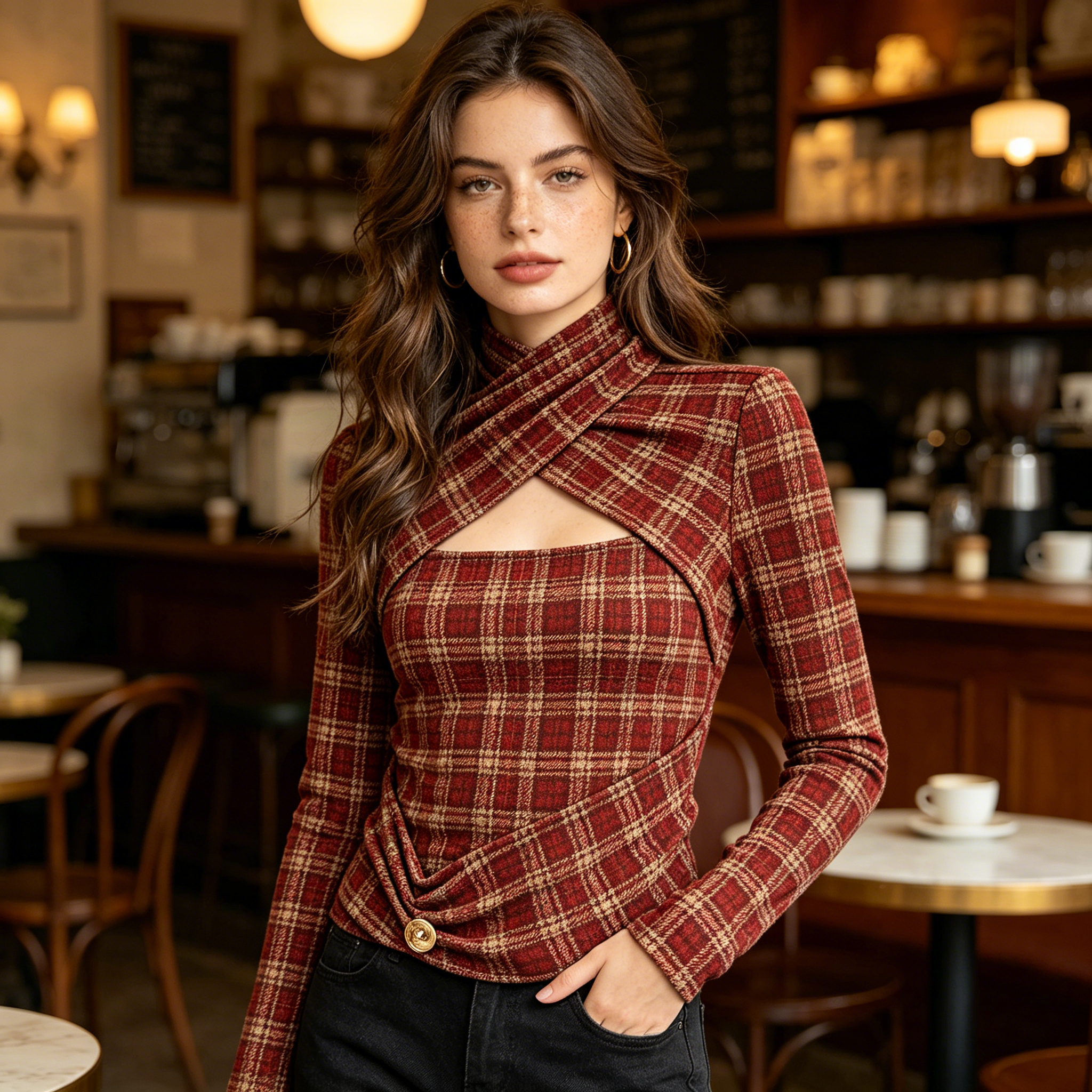 Red Plaid Wrap Cutout Turtleneck Top