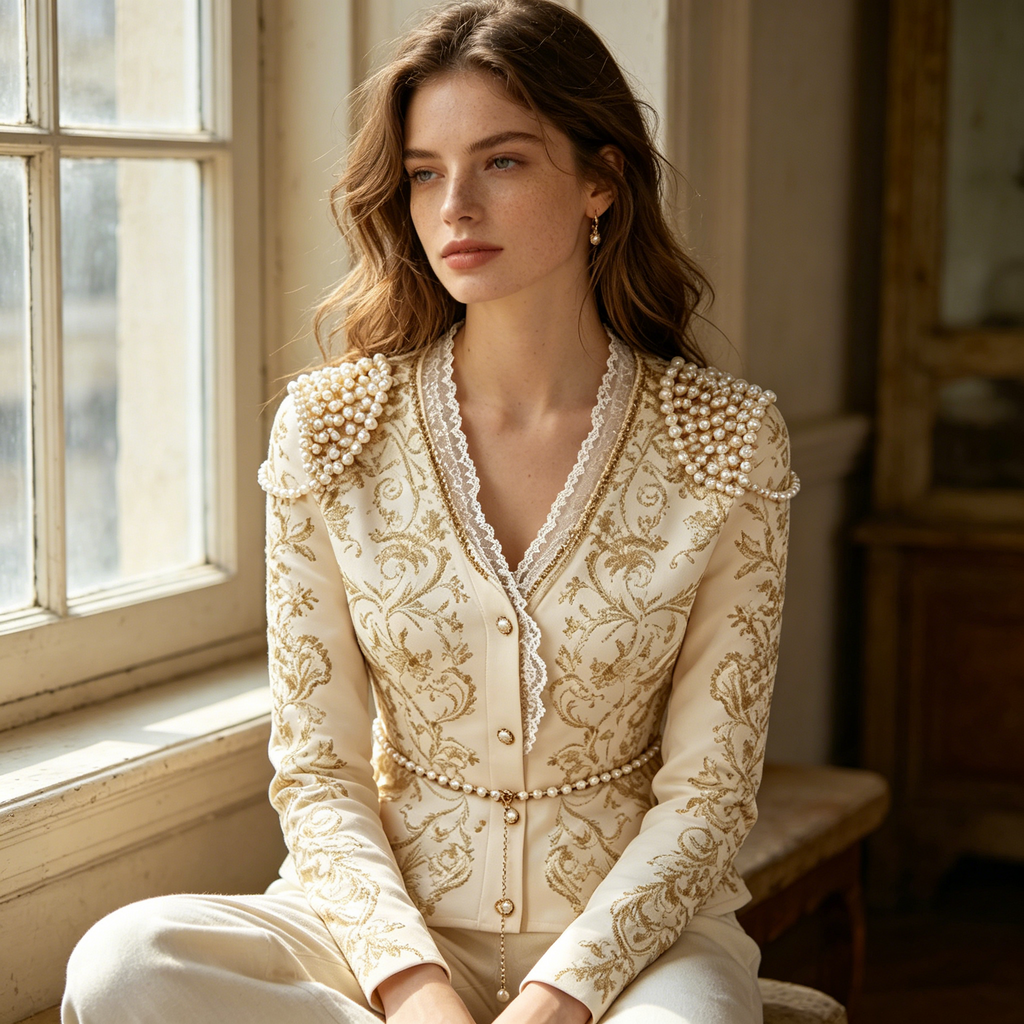 Cream Pearl Trim Embroidered Blazer