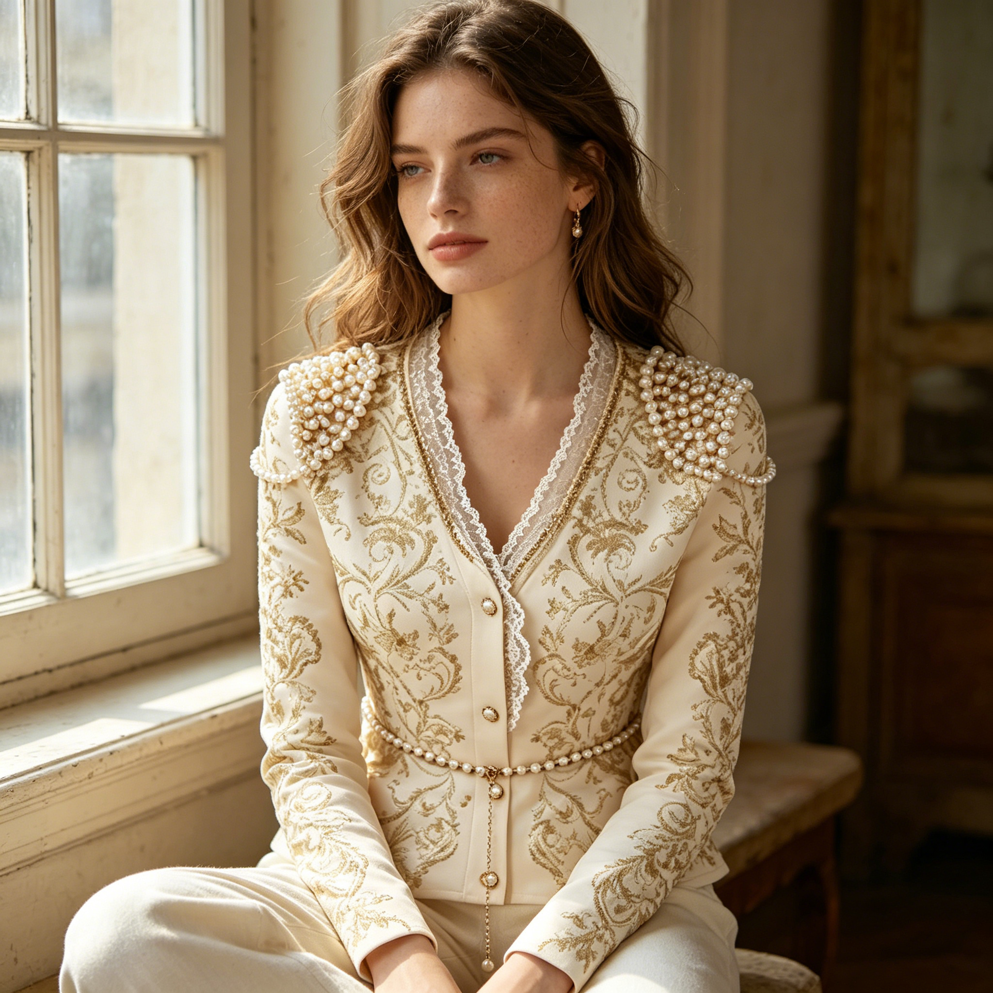 Cream Pearl Trim Embroidered Blazer