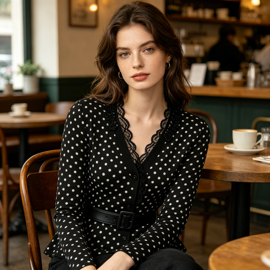 Black Polka Dot Lace Trim Peplum Top