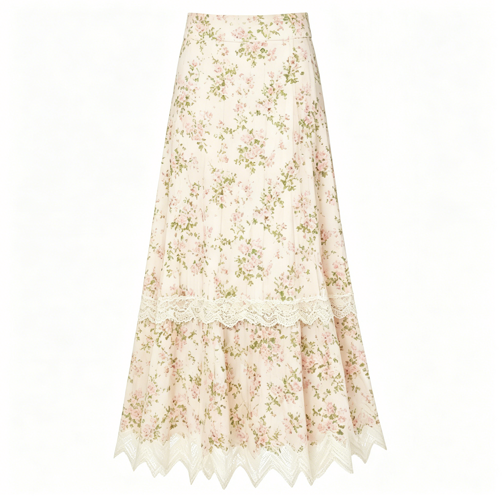 Cream Floral Lace Hem Maxi Skirt