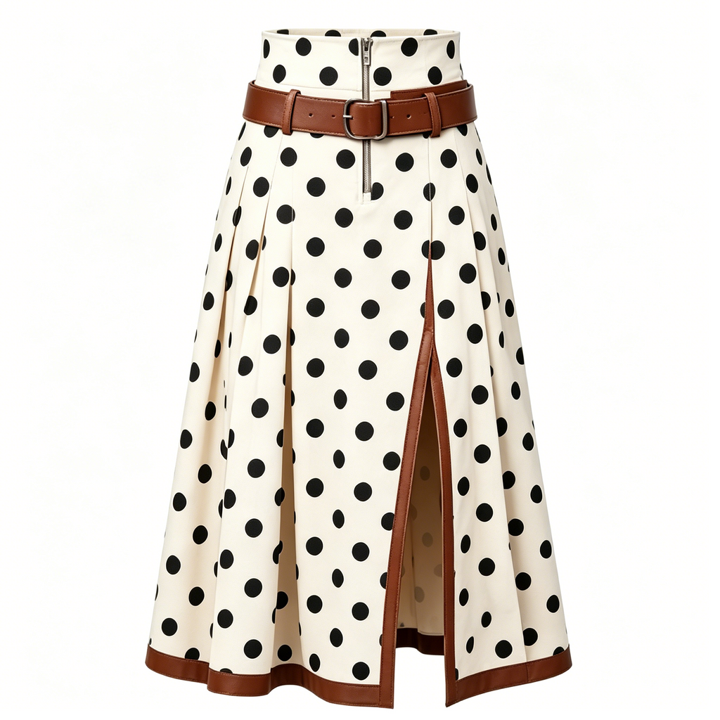 Cream Polka Dot Belted Midi Skirt