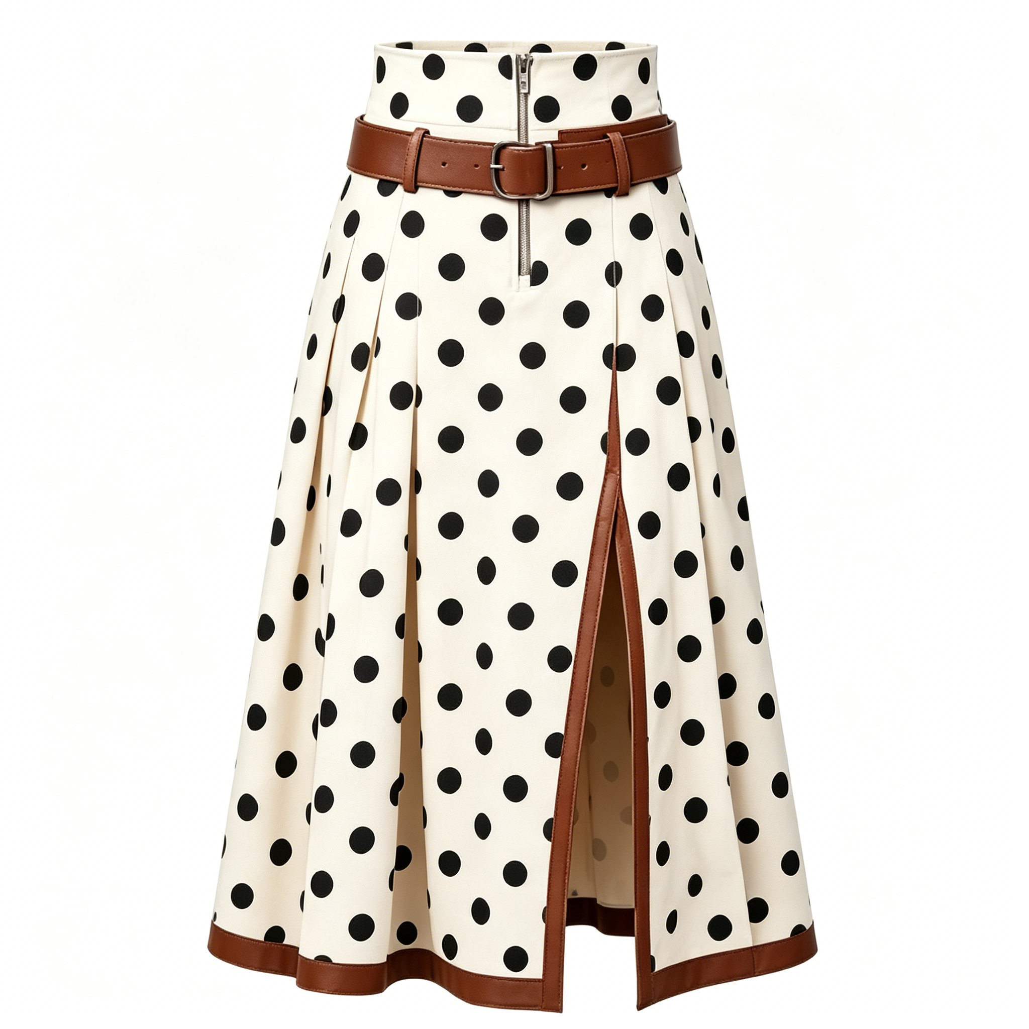 Cream Polka Dot Belted Midi Skirt