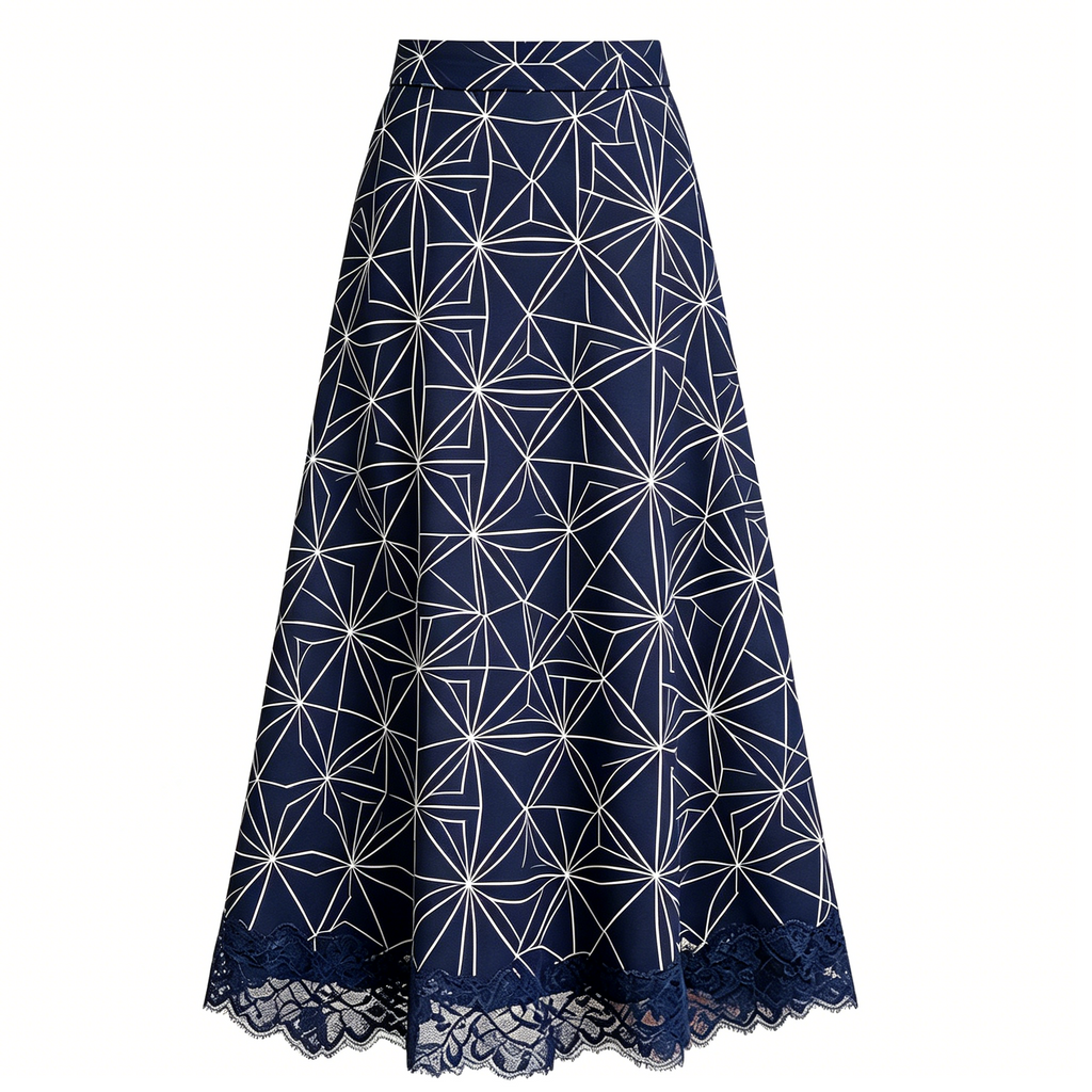 Navy Geometric Print Lace Hem Midi Skirt