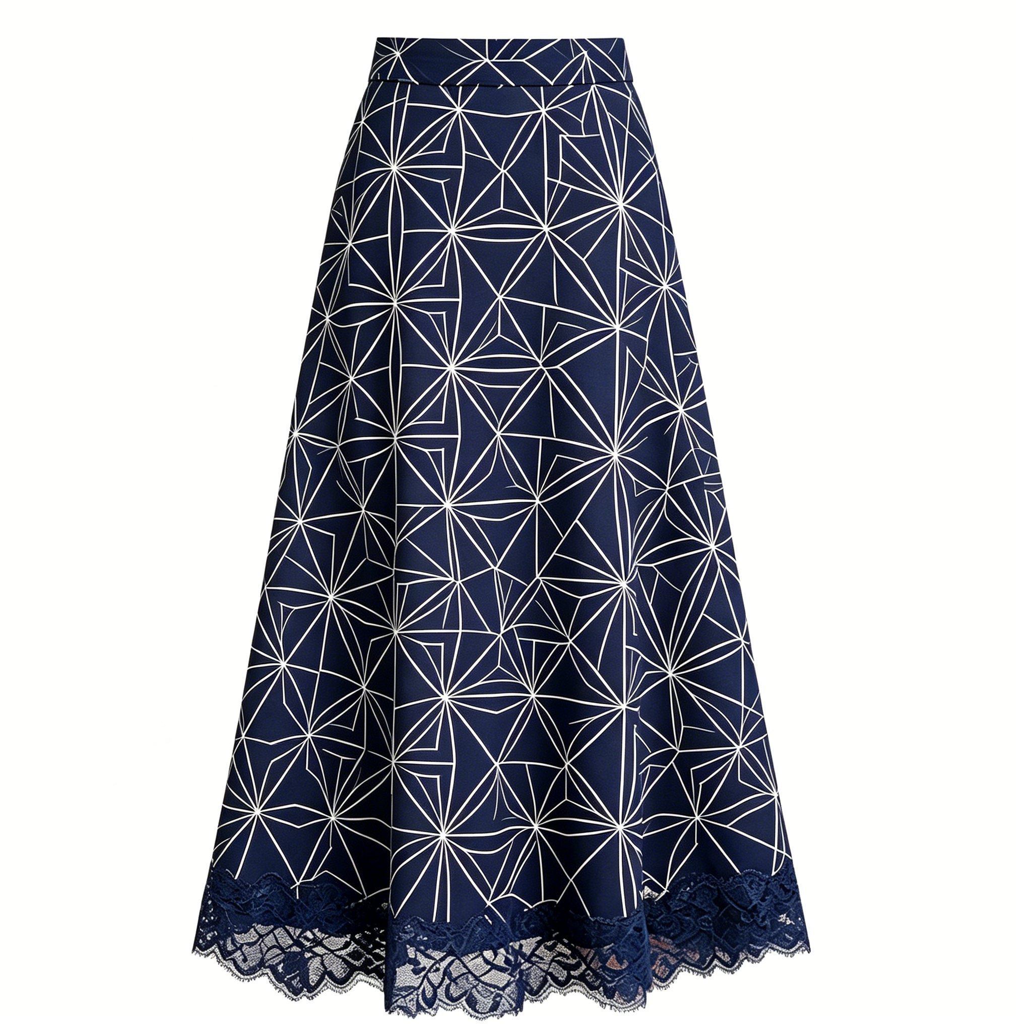 Navy Geometric Print Lace Hem Midi Skirt
