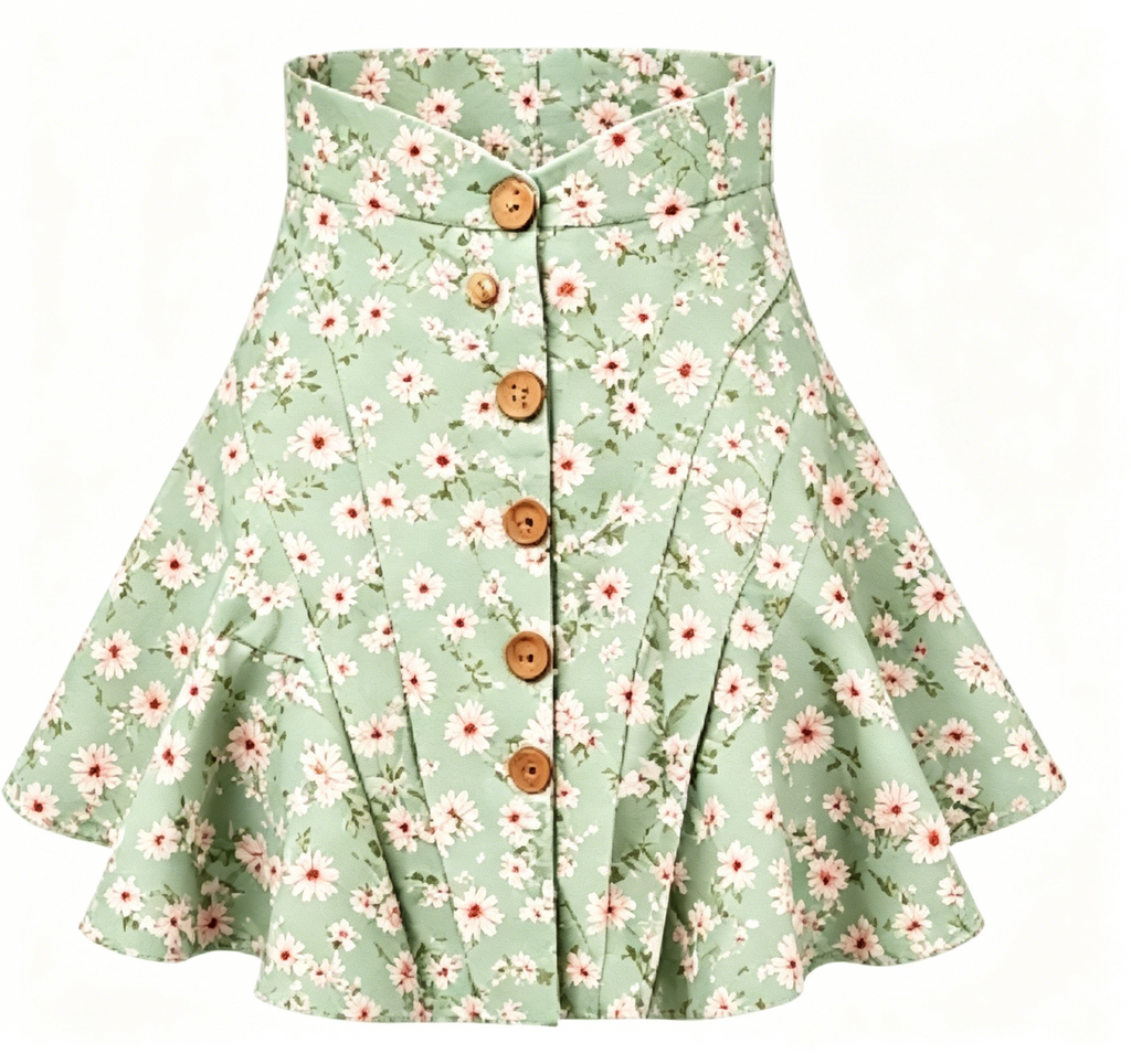 Green Daisy Print Buttoned Mini Skirt