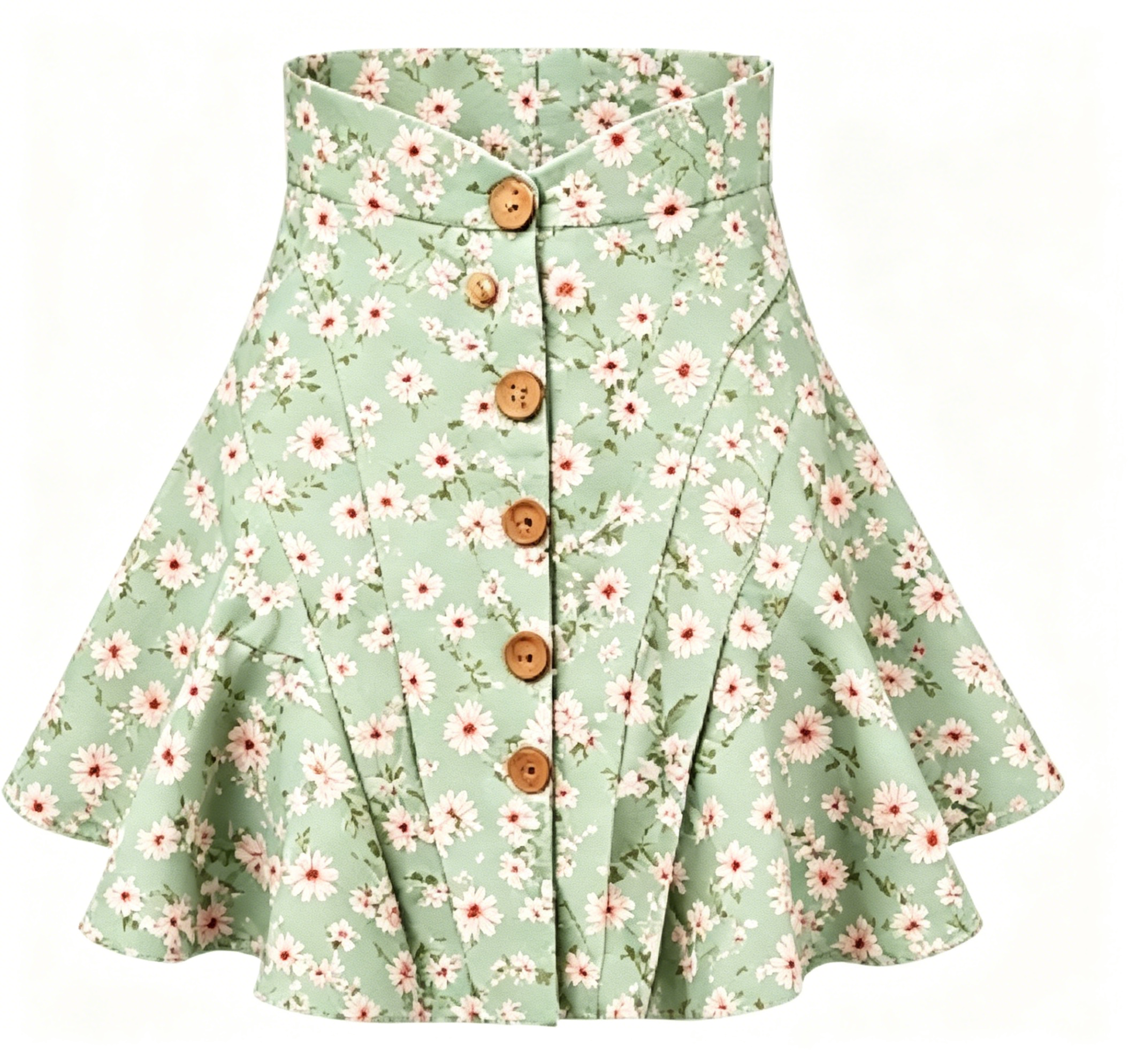 Green Daisy Print Buttoned Mini Skirt