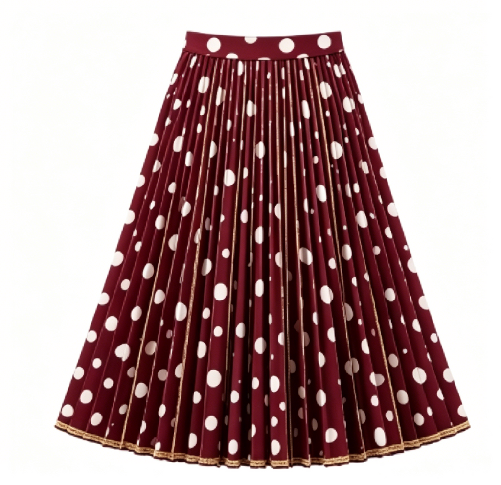 Burgundy Polka Dot Pleated Midi Skirt